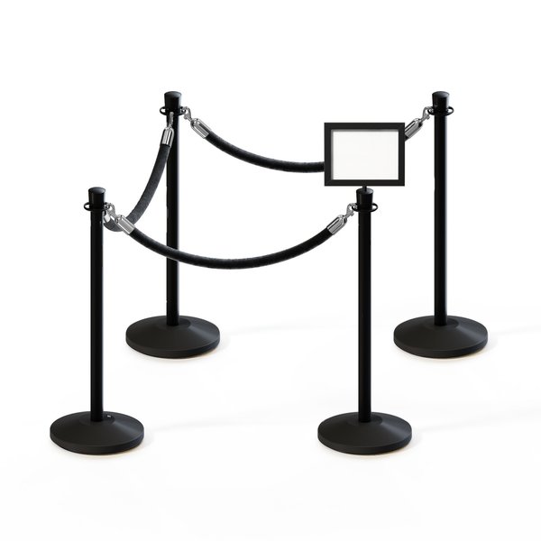 Montour Line Stanchion Post and Rope Kit Black, 4CrownTop 3Blk Rope 8.5x11H Sign C-Kit-3-BK-CN-1-Tapped-1-8511-H-3-PVR-BK-PS